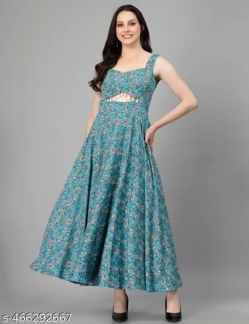 Women’s Elegant Blue Printed Maxi Dress – Sleeveless A-Line Dress with Stylish Open-Back Detail