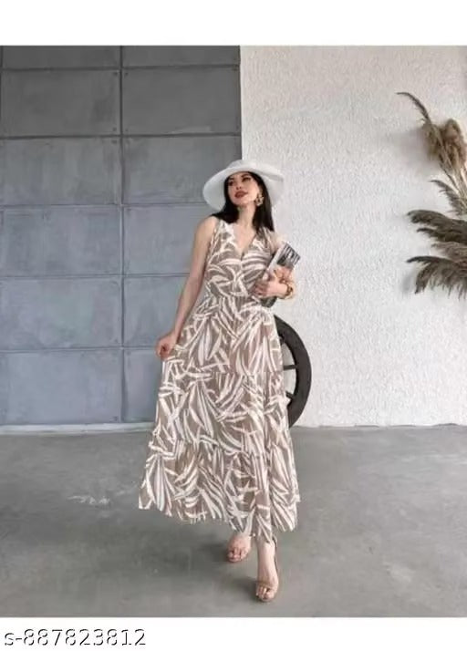 Women’s Elegant Taupe Leaf Print Maxi Dress – Sleeveless A-Line Summer Dress with Tie-Waist Detail