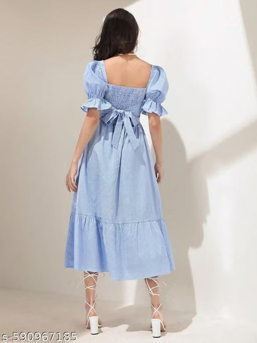 Blue Striped Puff Sleeve Maxi Dress with Tie-Back – Elegant Women’s Summer Dress