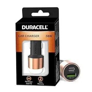 Duracell 38W Fast Car Charger Adapter with Dual Output. Quick Charge, Type C PD 20W & Qualcomm Certified 3.0 Compatible for iPhone, All Smartphones, Tablets & More (Copper & Black-UNBOXED