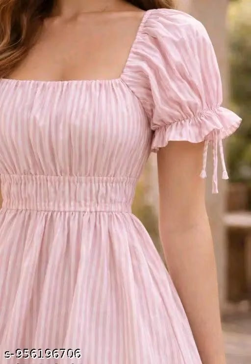 Women’s Elegant Pink Striped Fit & Flare Dress – Square Neck Puff Sleeve Summer Dress with Ruched Waist