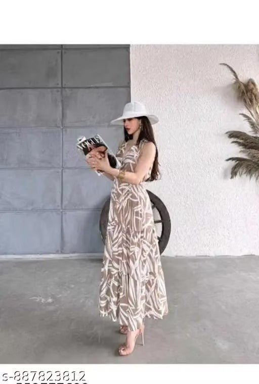 Women’s Elegant Taupe Leaf Print Maxi Dress – Sleeveless A-Line Summer Dress with Tie-Waist Detail