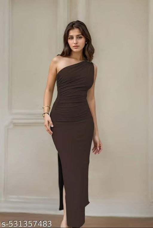 Women’s Elegant Brown One-Shoulder Ruched Maxi Dress – Bodycon Evening & Party Dress with Side Slit