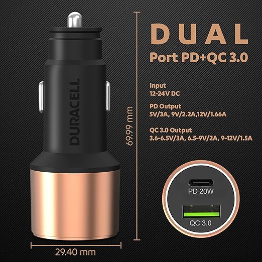 Duracell 38W Fast Car Charger Adapter with Dual Output. Quick Charge, Type C PD 20W & Qualcomm Certified 3.0 Compatible for iPhone, All Smartphones, Tablets & More (Copper & Black-UNBOXED