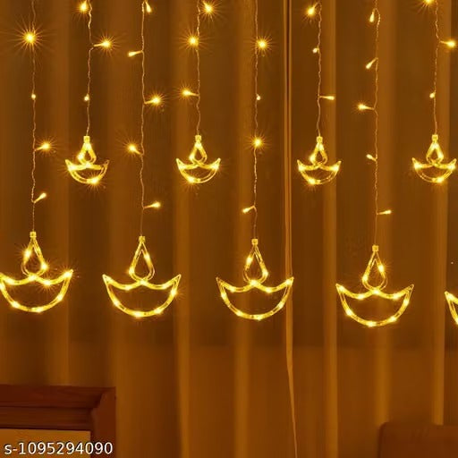 Deep Diya Curtain LED String Lights – 3 Meter Warm White Decorative Lights with 108 LEDs | 6+6 Diya Design | Plug-In Hanging Lights for Diwali, Balcony, Wall, Wedding & Festive Décor