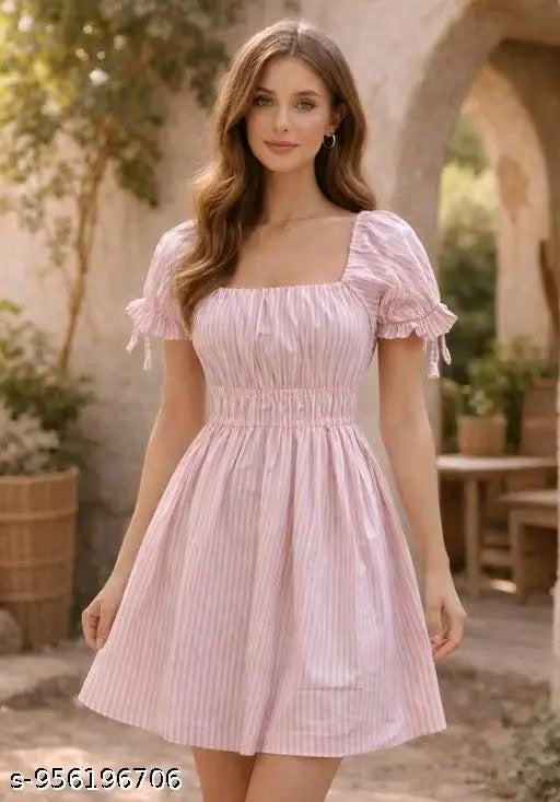 Women’s Elegant Pink Striped Fit & Flare Dress – Square Neck Puff Sleeve Summer Dress with Ruched Waist