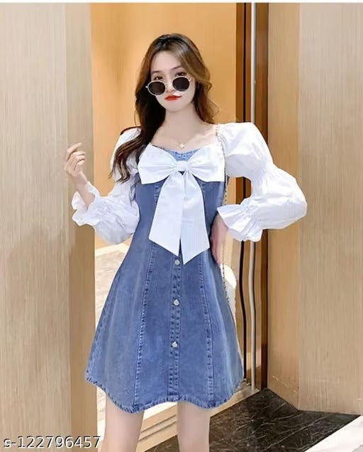 Women’s Blue Denim Mini Dress with White Puff Sleeves – Statement Bow Front A-Line Dress