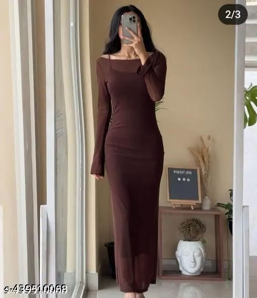 Women’s Elegant Brown Bodycon Midi Dress – Sleeveless Spaghetti Strap Dress with Sheer Long-Sleeve Layer