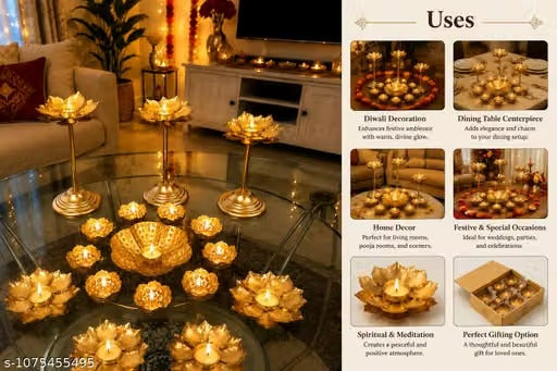 8-Piece Diwali Decor Set – Floral Rangoli & Tealight Candle Holders for Festive Decoration