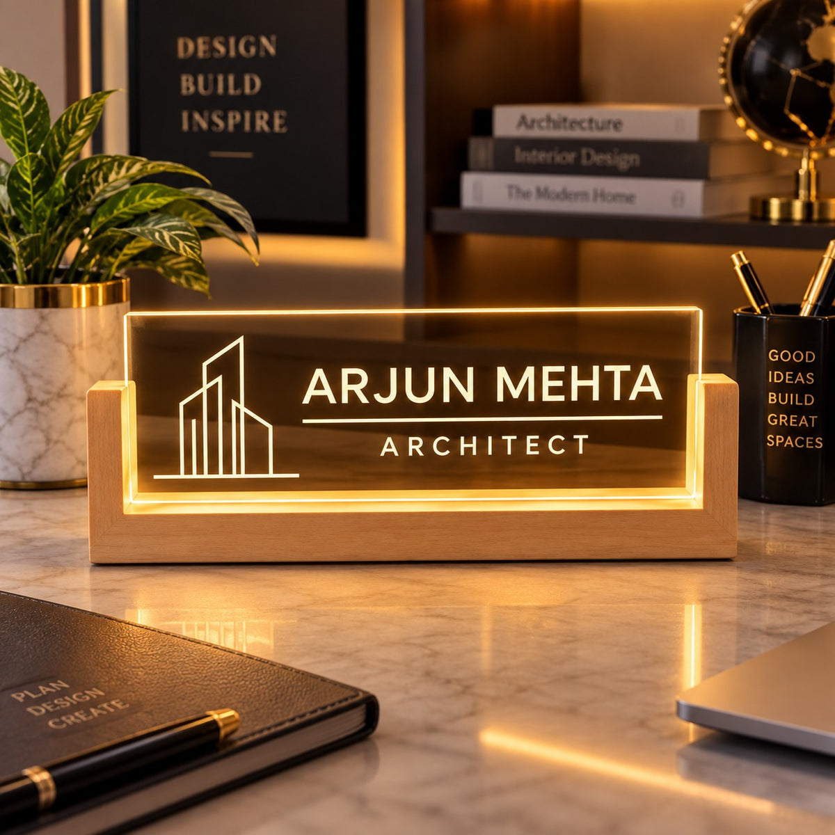 Custom Name Plate with LED Light | Personalized Acrylic Desk Sign with Wooden Base | Premium Office Decor & Gift