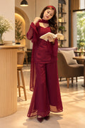 Women’s Elegant Wine Georgette Kurti Pant & Dupatta Set – Stylish 3-Piece Ethnic Suit Set