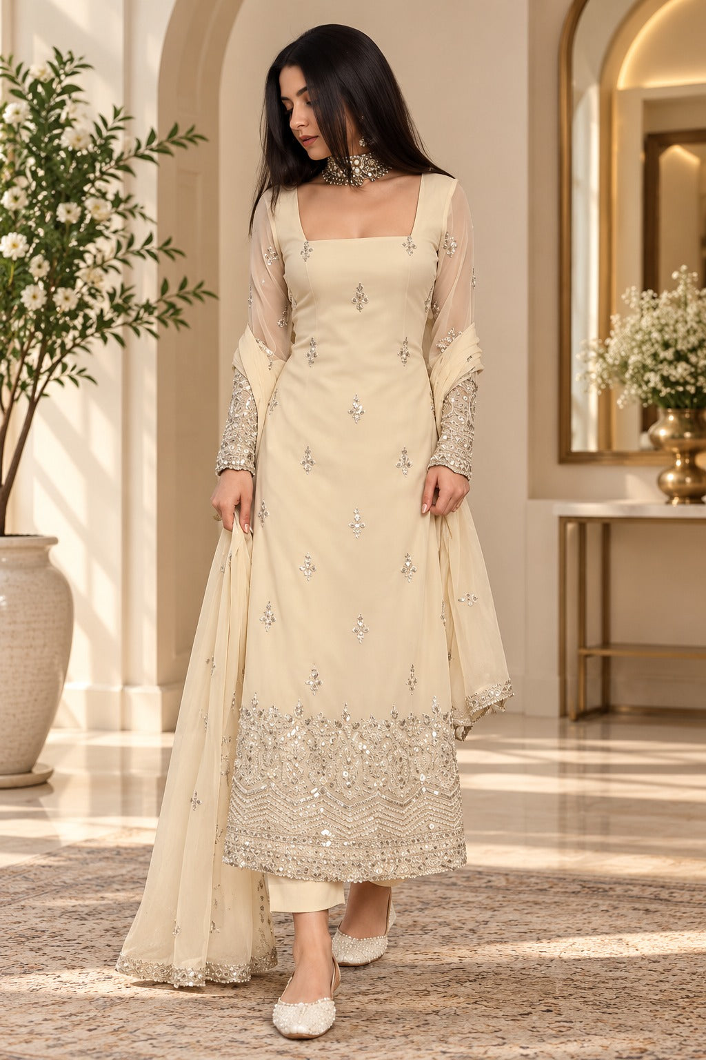 Women’s Elegant Ivory Embroidered Kurti Pant & Dupatta Set – Designer Ethnic Suit Set with Sequin & Lace Work