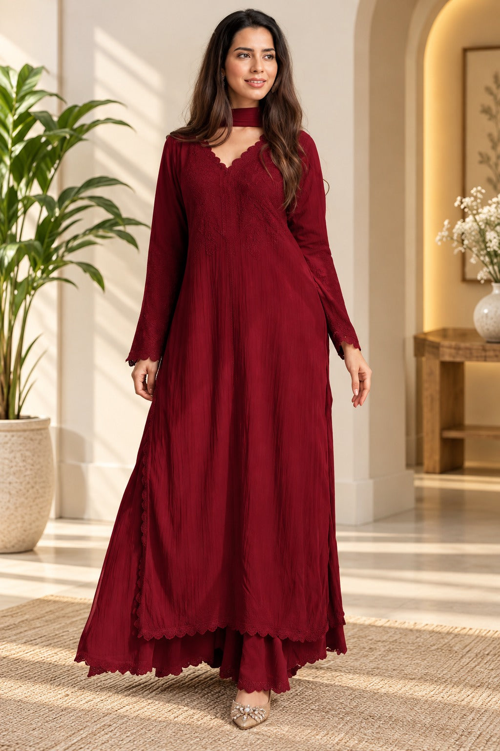 Women’s Elegant Georgette Kurti Set with Floral Embroidery & Dupatta – Stylish Ethnic Suit Set