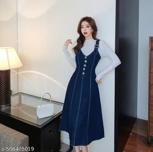 Women’s Denim Pinafore Midi Dress with Button Detail – Elegant Layered A-Line Dress