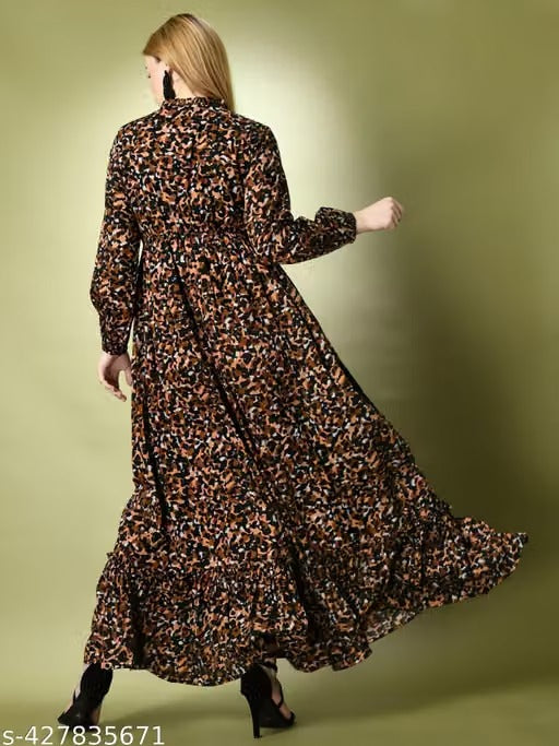 Women’s Multicolor Abstract Print Maxi Dress – Elegant Balloon Sleeve Frilled Dress for Women