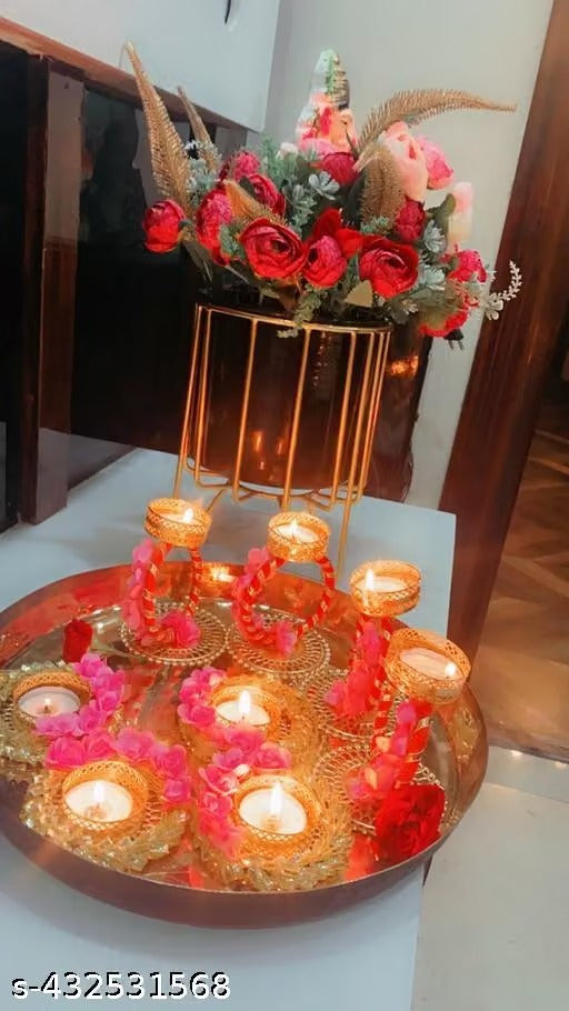 Set of 8 Artificial Flower Candle Holders – Decorative Diyas for Diwali & Puja