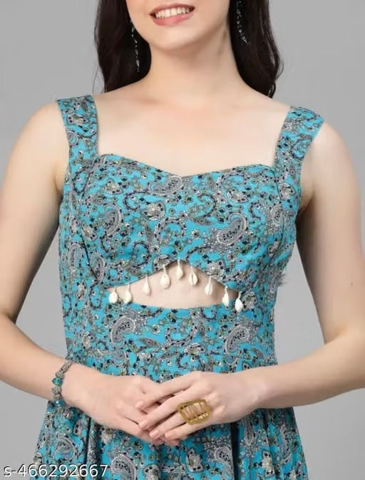 Women’s Elegant Blue Printed Maxi Dress – Sleeveless A-Line Dress with Stylish Open-Back Detail