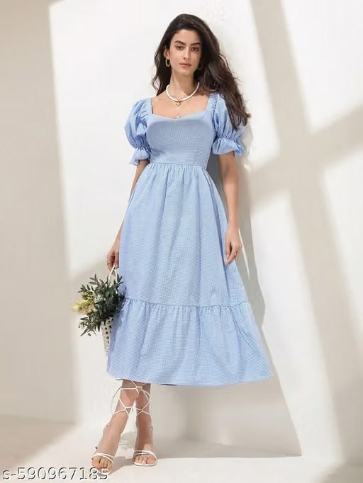 Blue Striped Puff Sleeve Maxi Dress with Tie-Back – Elegant Women’s Summer Dress