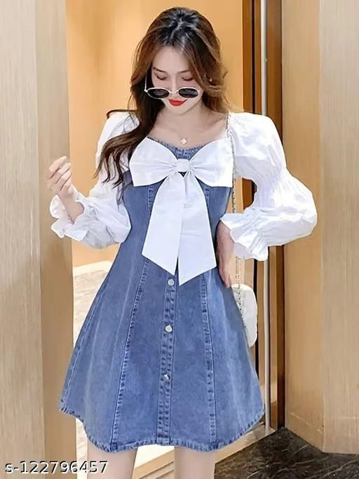 Women’s Blue Denim Mini Dress with White Puff Sleeves – Statement Bow Front A-Line Dress