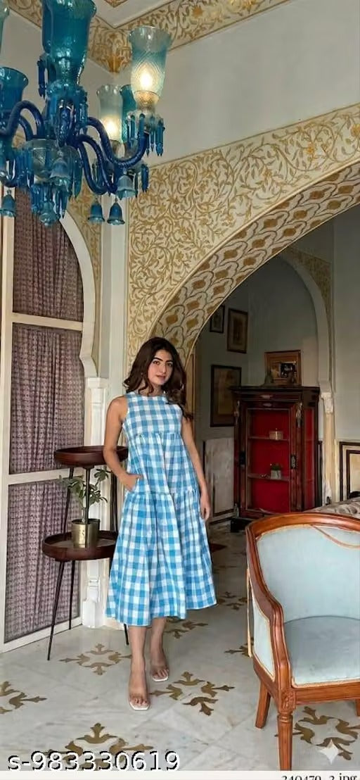 Women’s Blue & White Gingham Check Dress – Sleeveless Round Neck Flared Summer Dress