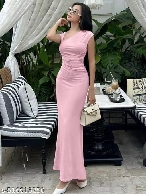 Women’s Elegant Pink Ruched Maxi Dress – Square Neck Sleeveless Bodycon Party & Summer Dress