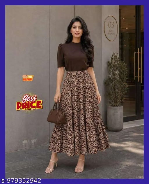 Mocha Puff-Sleeve Top & Tiered Ditsy Print Maxi Skirt Set