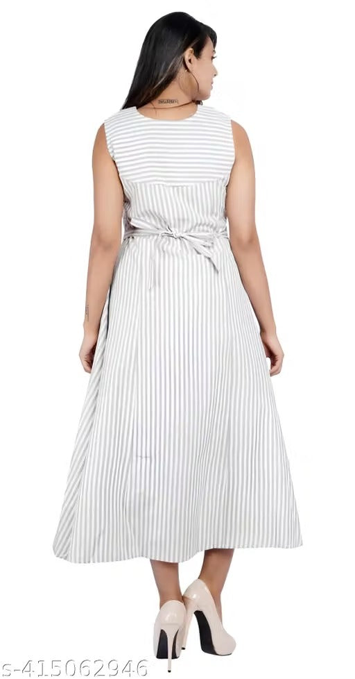 Women’s White & Grey Striped A-Line Midi Dress – Sleeveless Button-Front Dress with Tie-Waist Detail
