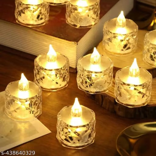**6 Pc Crystal Acrylic LED Flameless Candles | Warm White Smokeless Tea Light Candles | Decorative Lights for Home, Diwali, Christmas, Birthday, Balcony & Party Décor | Gift Set**