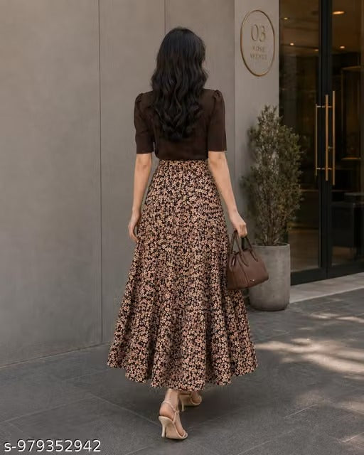Mocha Puff-Sleeve Top & Tiered Ditsy Print Maxi Skirt Set