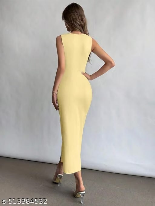 Women’s Elegant Yellow Square Neck Maxi Dress – Sleeveless Ruched Bodycon Dress with Front Slit