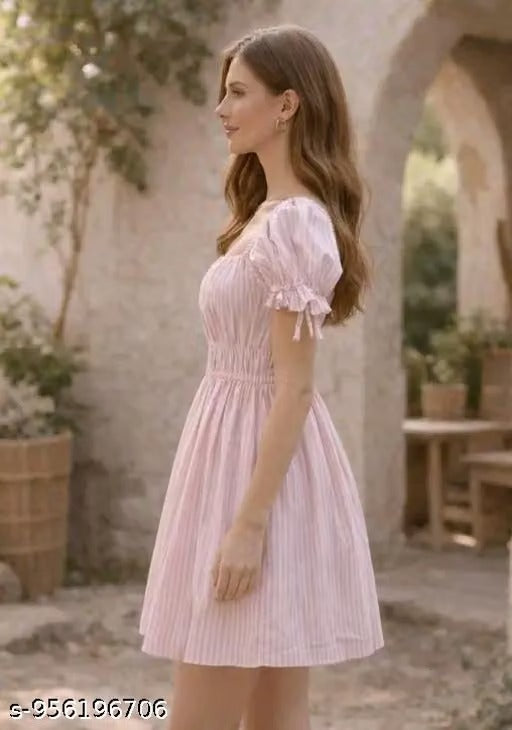 Women’s Elegant Pink Striped Fit & Flare Dress – Square Neck Puff Sleeve Summer Dress with Ruched Waist