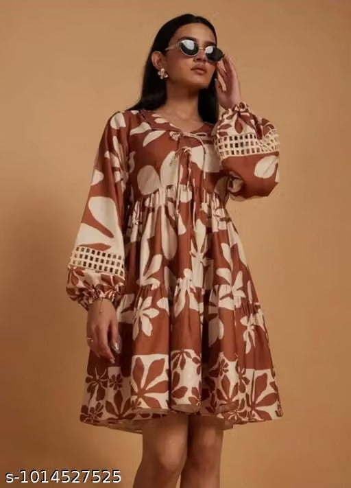 Women’s Brown Floral Print Mini Dress – Elegant Balloon Sleeve A-Line Dress with Tie-Neck Detail