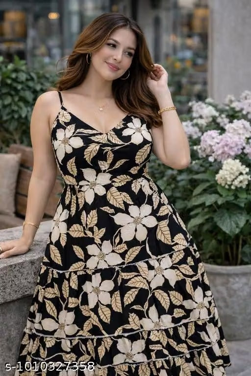 Women’s Elegant Black Floral Print Midi Dress – Stylish Feminine Casual & Party Wear Dress