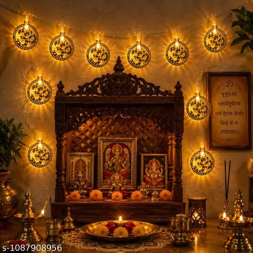 BM Ecom OM LED String Lights 3 Meter (10 Feet) | Metallic 3D Om Pendant Lights | Warm White Decorative Lighting for Pooja Room, Mandir, Diwali, Home & Festive Décor