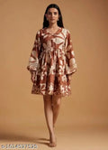 Women’s Brown Floral Print Mini Dress – Elegant Balloon Sleeve A-Line Dress with Tie-Neck Detail