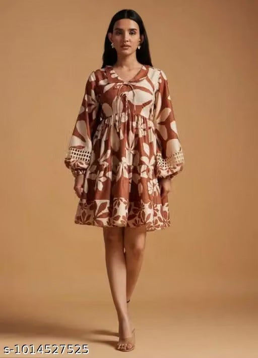 Women’s Brown Floral Print Mini Dress – Elegant Balloon Sleeve A-Line Dress with Tie-Neck Detail