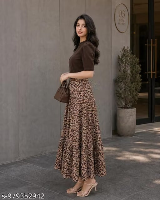 Mocha Puff-Sleeve Top & Tiered Ditsy Print Maxi Skirt Set