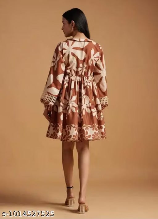 Women’s Brown Floral Print Mini Dress – Elegant Balloon Sleeve A-Line Dress with Tie-Neck Detail