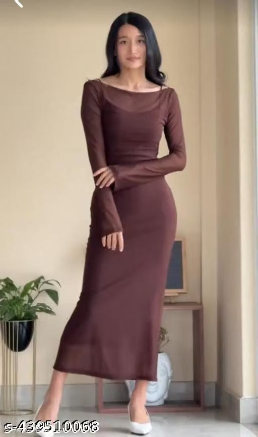 Women’s Elegant Brown Bodycon Midi Dress – Sleeveless Spaghetti Strap Dress with Sheer Long-Sleeve Layer