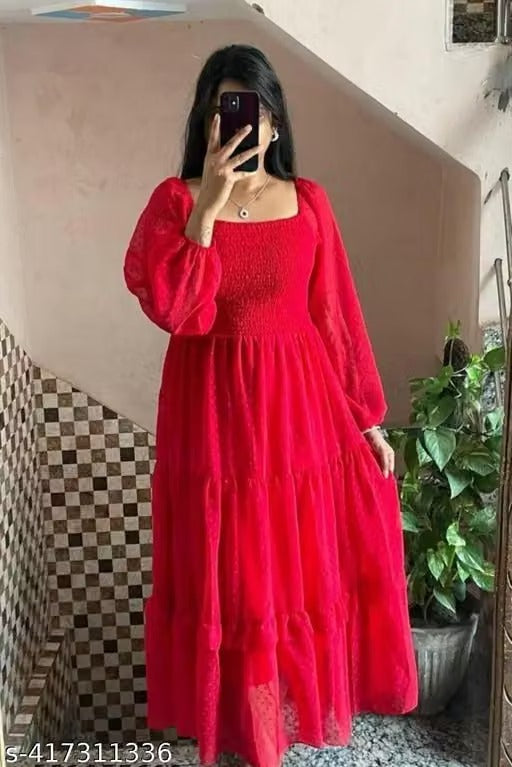Women’s Elegant Red Smocked Maxi Dress – Square Neck Long Puff Sleeve Tiered Flare Dress