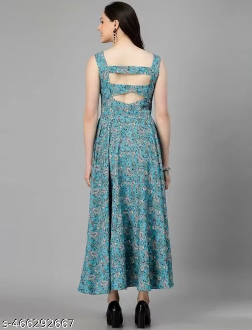 Women’s Elegant Blue Printed Maxi Dress – Sleeveless A-Line Dress with Stylish Open-Back Detail