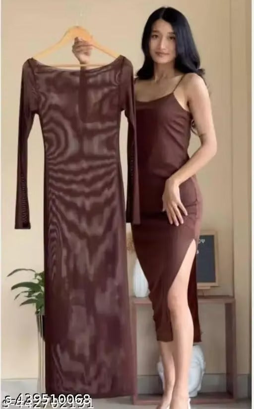 Women’s Elegant Brown Bodycon Midi Dress – Sleeveless Spaghetti Strap Dress with Sheer Long-Sleeve Layer