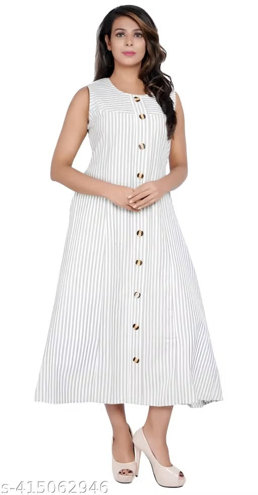 Women’s White & Grey Striped A-Line Midi Dress – Sleeveless Button-Front Dress with Tie-Waist Detail