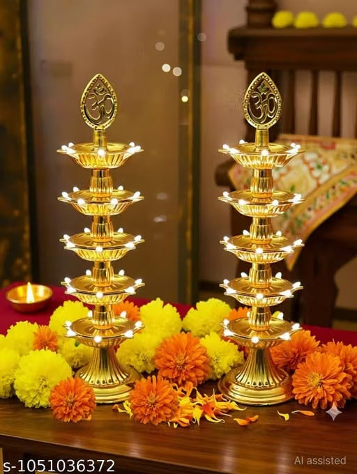 **Premium 5-Layer Gold LED Diya Lights | Electric Decorative Deepak for Pooja, Mandir & Diwali Décor | Elegant Festival Lighting | Pack of 2