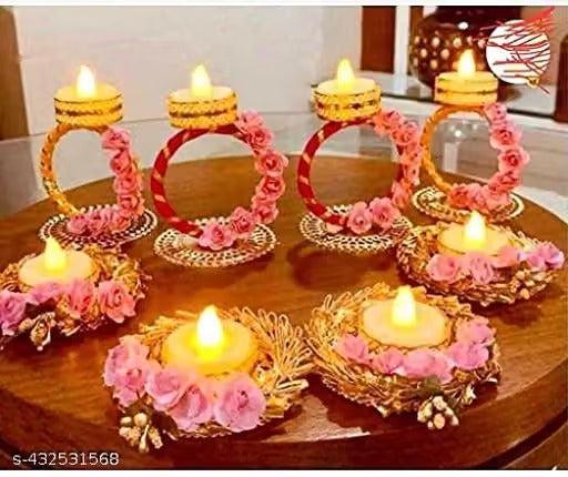 Set of 8 Artificial Flower Candle Holders – Decorative Diyas for Diwali & Puja