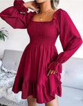 Women’s Burgundy Smocked Mini Dress – Square Neck Long Puff Sleeves with Ruffle Hem