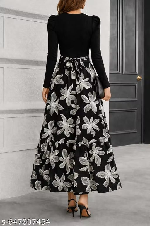 Women’s Elegant Navy & Black Geometric Print Puff Sleeve Dress – A-Line Dress with Bow Waist Detail