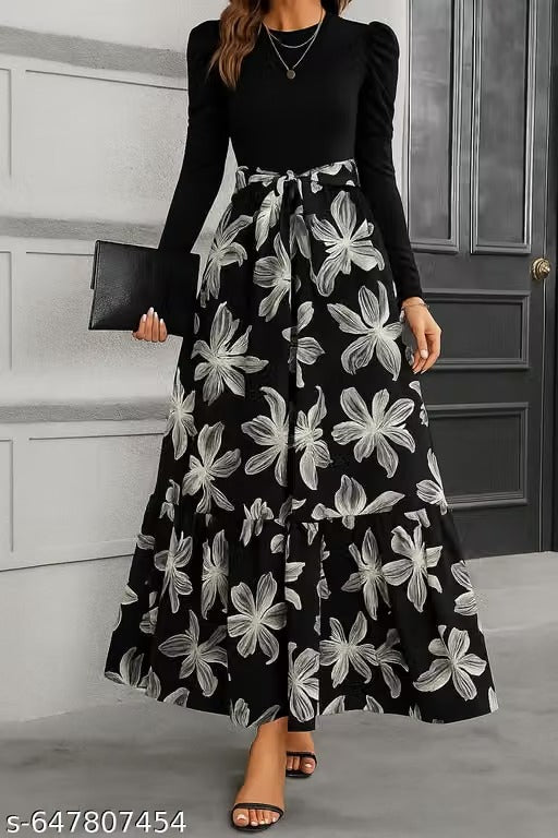 Women’s Elegant Navy & Black Geometric Print Puff Sleeve Dress – A-Line Dress with Bow Waist Detail