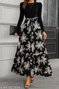 Women’s Elegant Navy & Black Geometric Print Puff Sleeve Dress – A-Line Dress with Bow Waist Detail