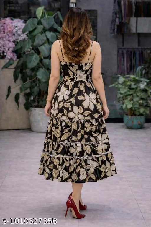Women’s Elegant Black Floral Print Midi Dress – Stylish Feminine Casual & Party Wear Dress